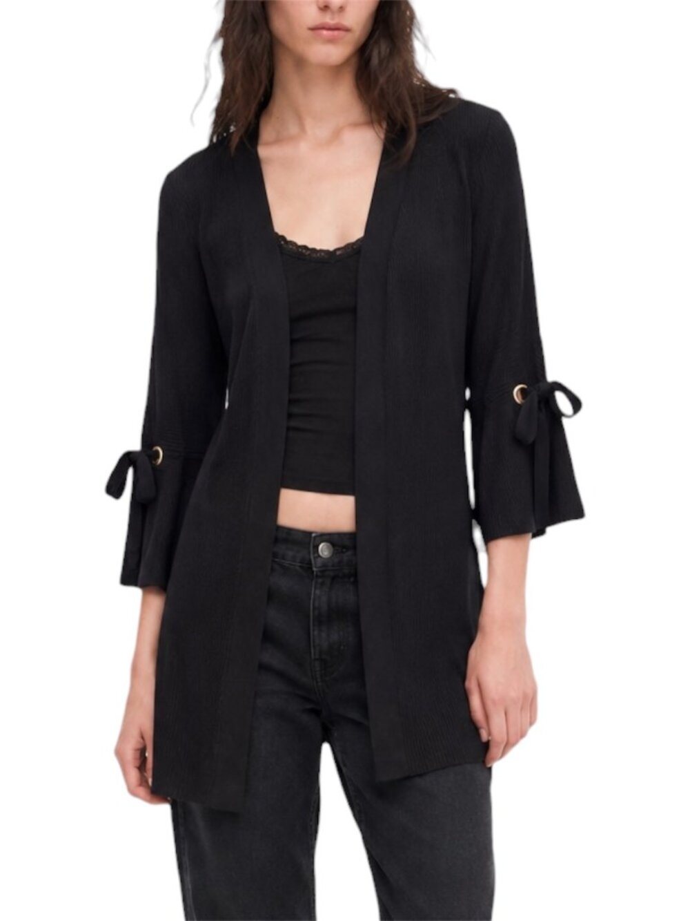 M Tommy Bahama Black Ribbed Open Front Bell Sleeve Tie Cardigan 